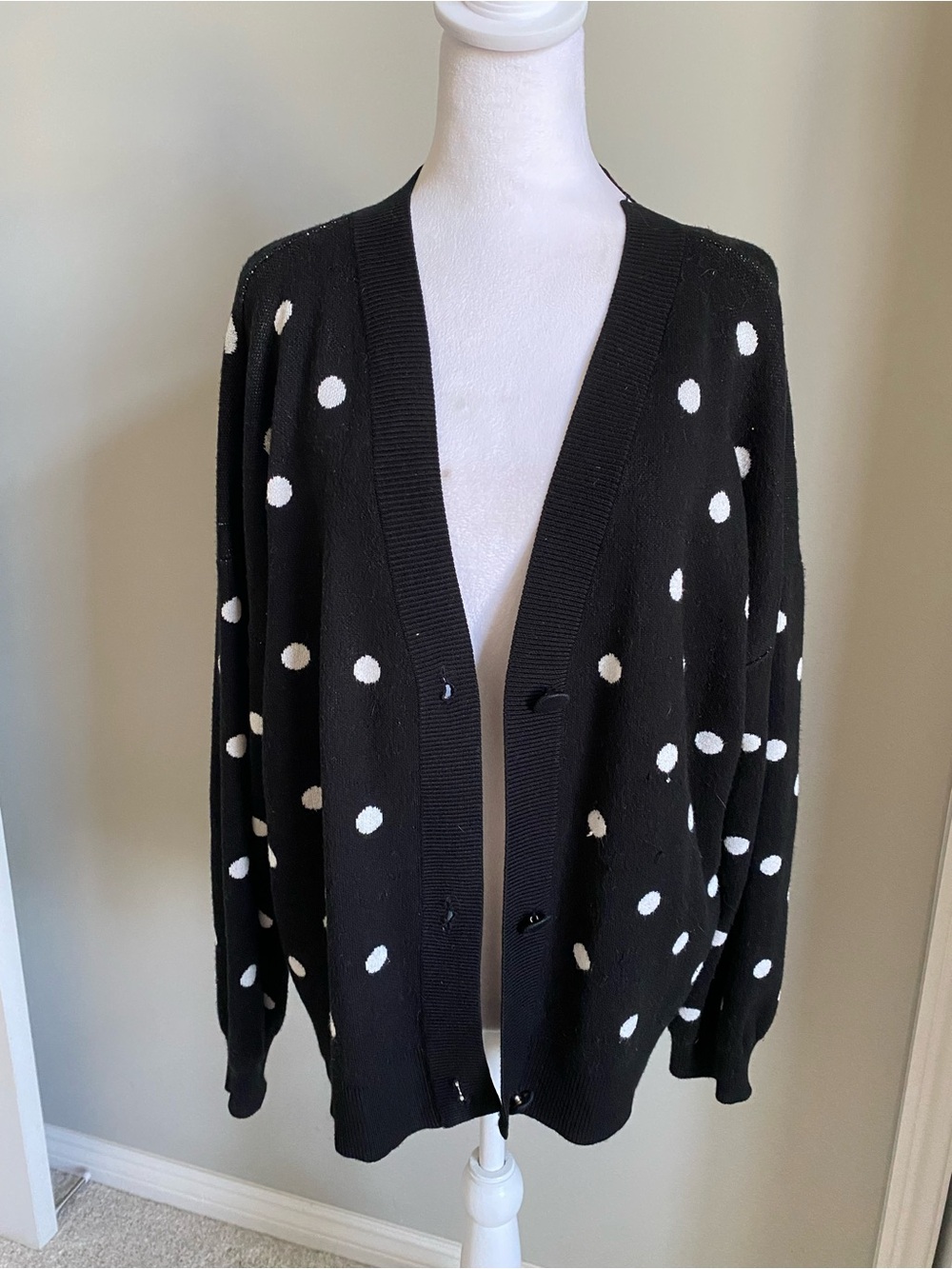 Marled Black Cardigan with White Polka Dots